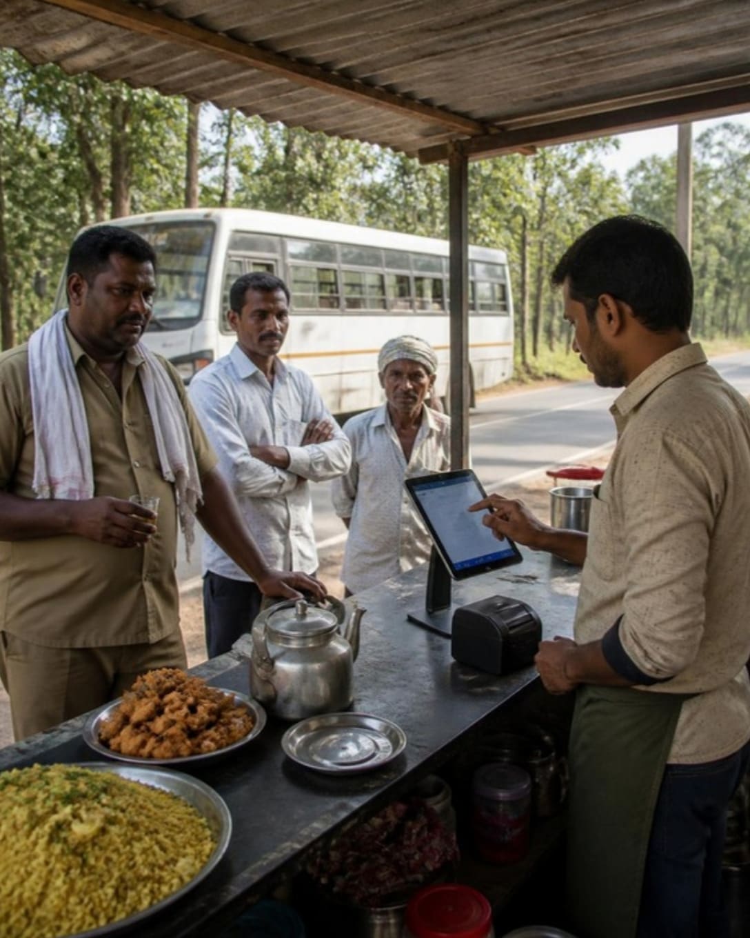 A roadside tea stall owner billing on a POS tablet beside poha and bhajiya, with a bus parked behind