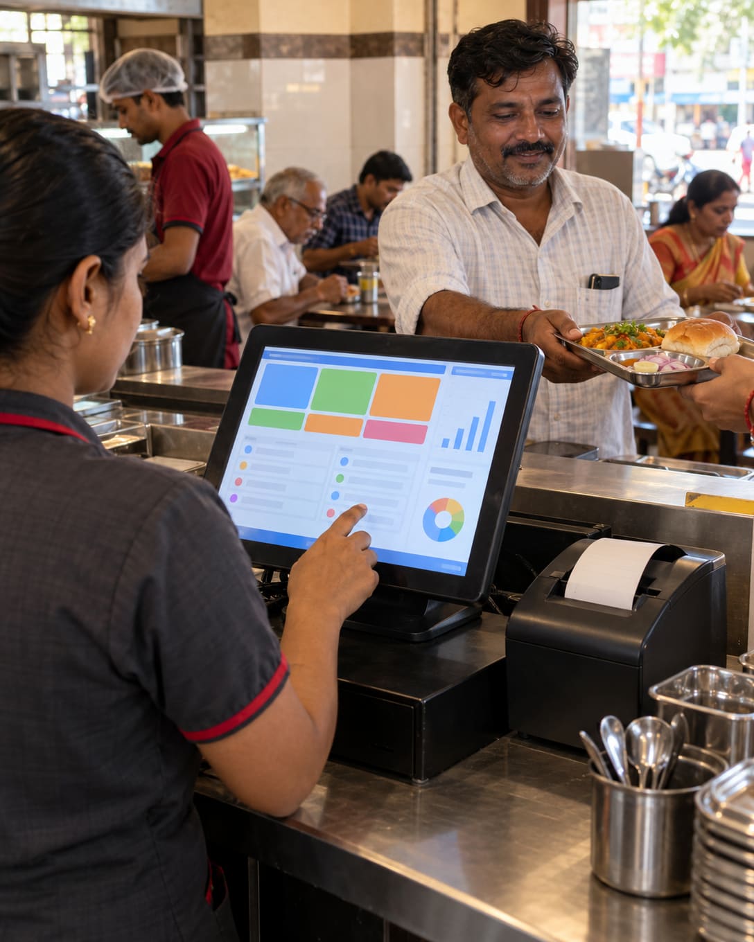 A cashier billing on a touchscreen POS as a tray is served across the counter
