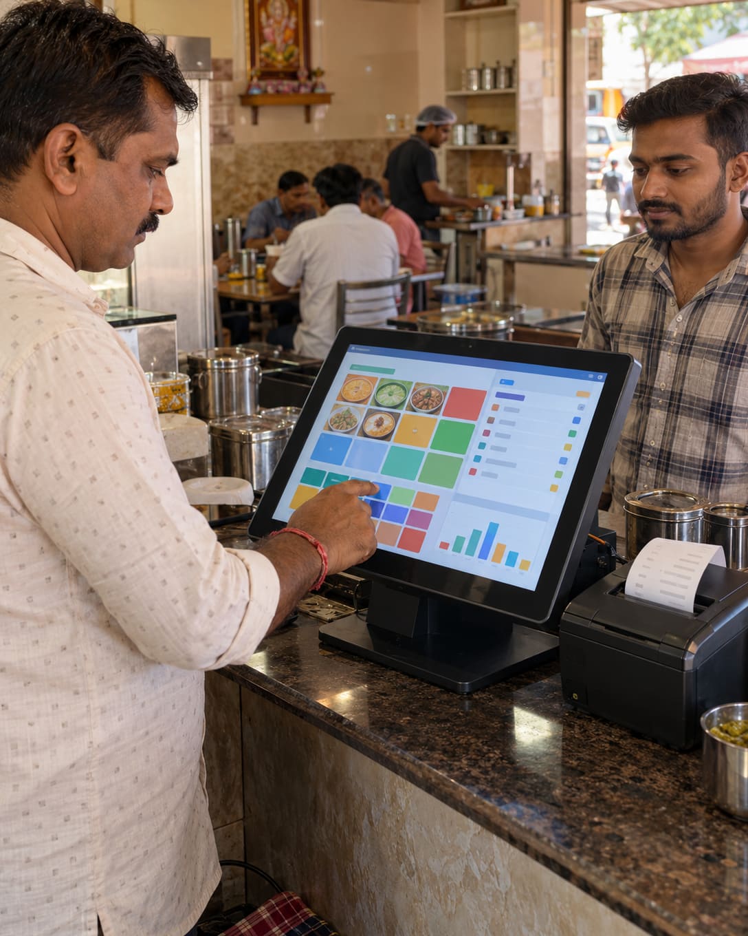 A restaurant owner printing a bill on a touchscreen POS at the counter