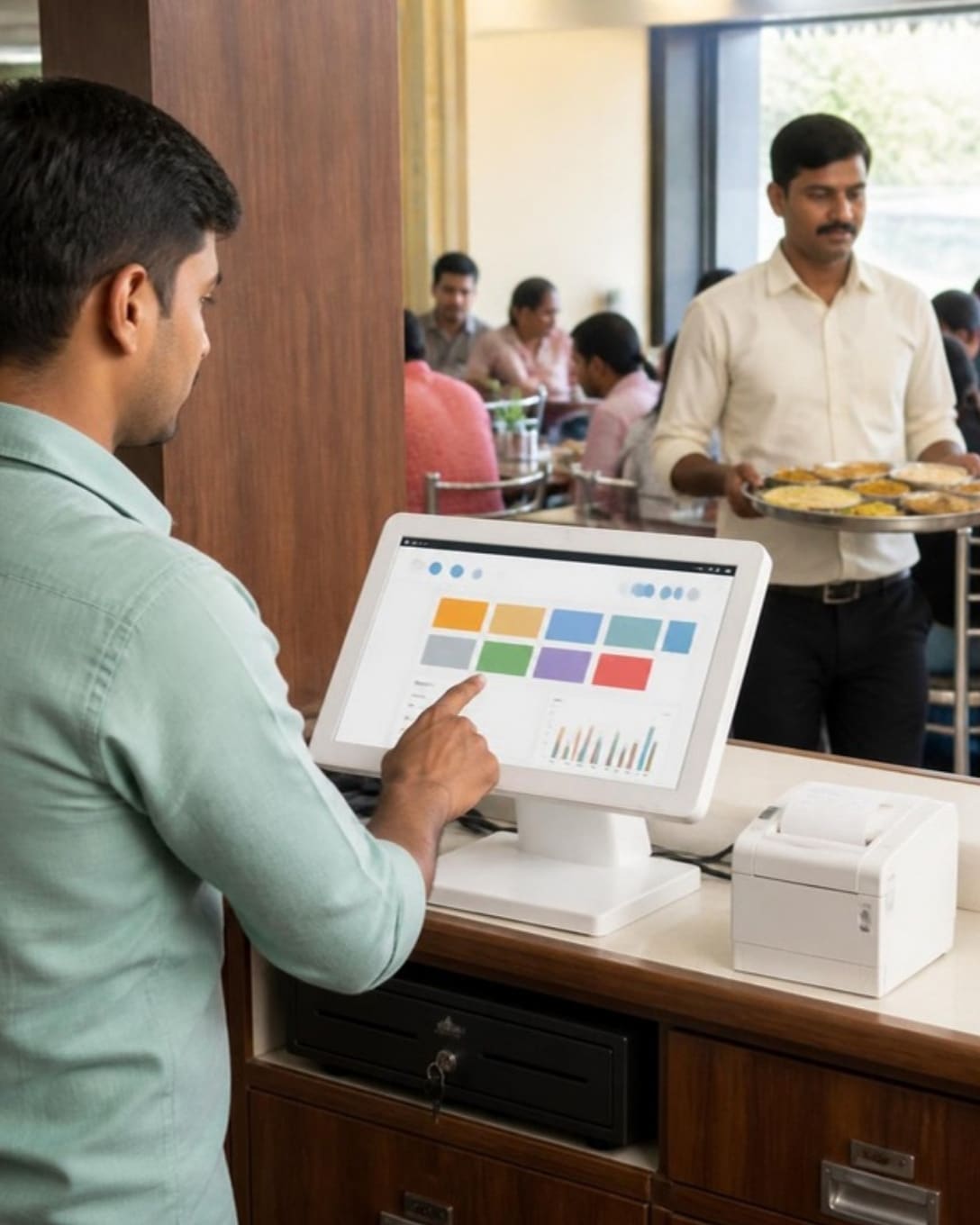 A cashier billing at the POS counter of a thali restaurant as a waiter carries thalis