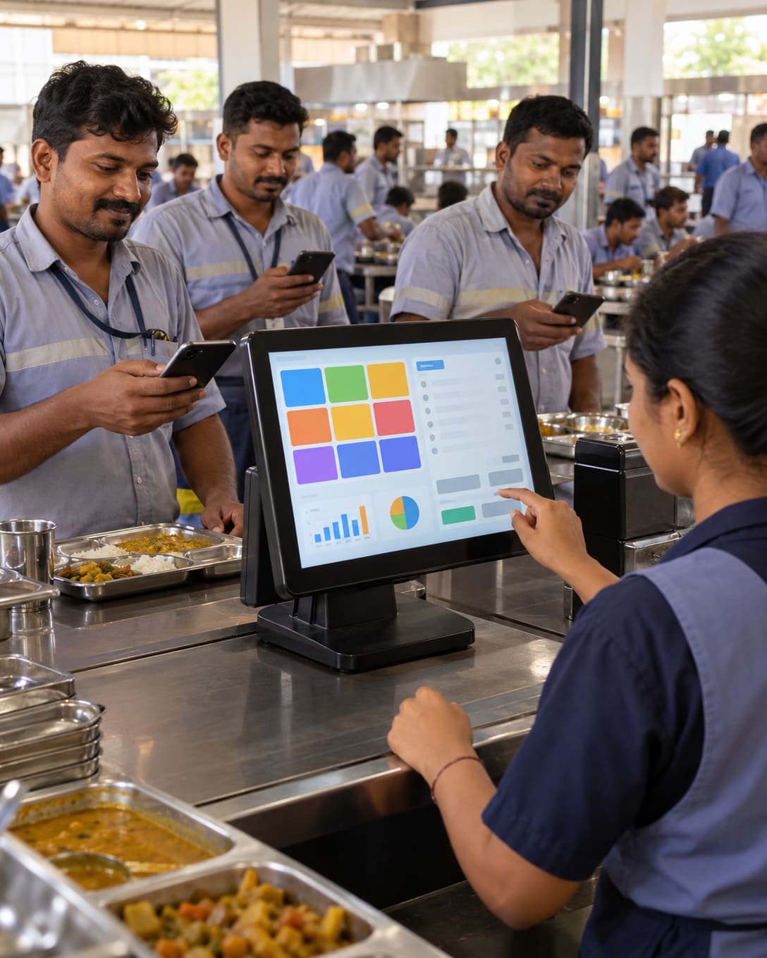 Workers paying at a canteen counter billed on a touchscreen POS