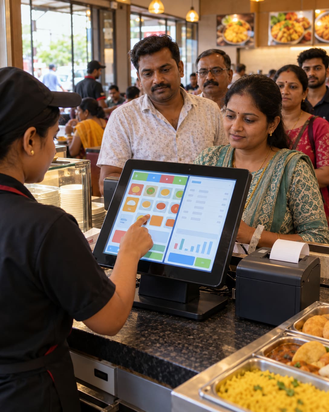 A cashier taking orders on a touchscreen POS at a quick-service counter
