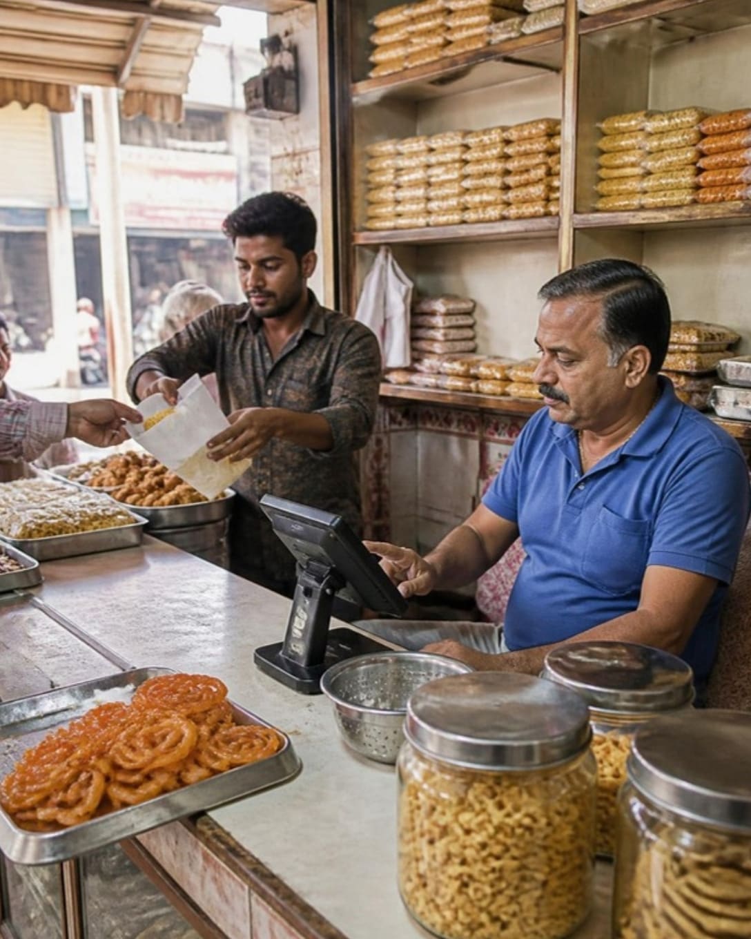 A shop owner billing on a touchscreen POS while a helper packs farsan for a customer