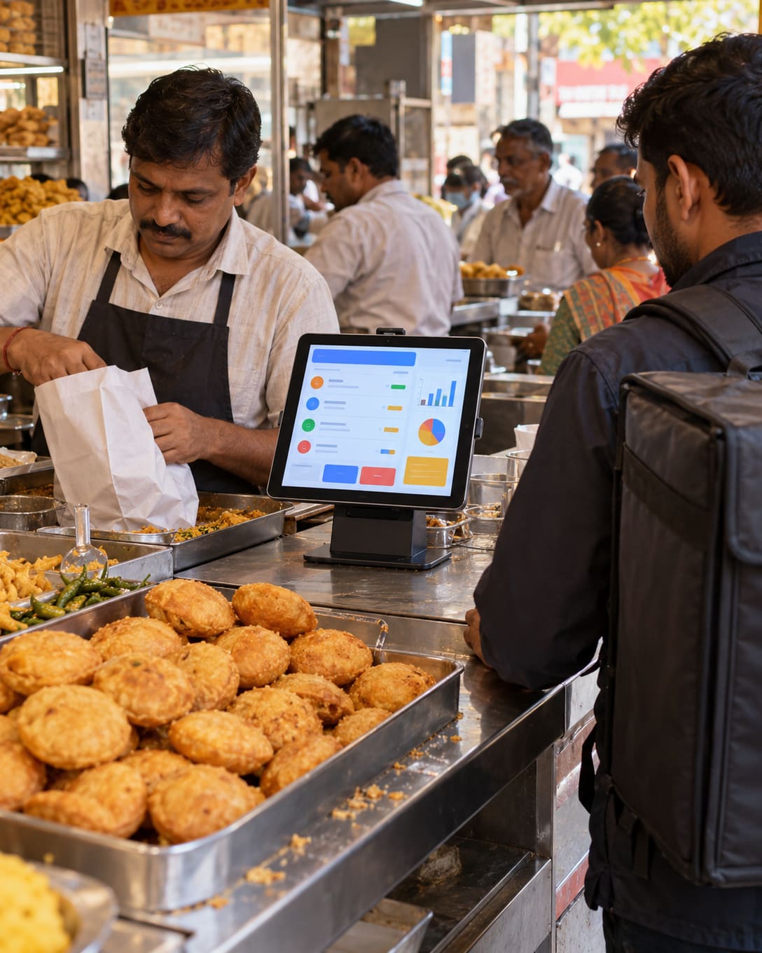 A POS tablet listing online orders as a kachori counter packs a delivery