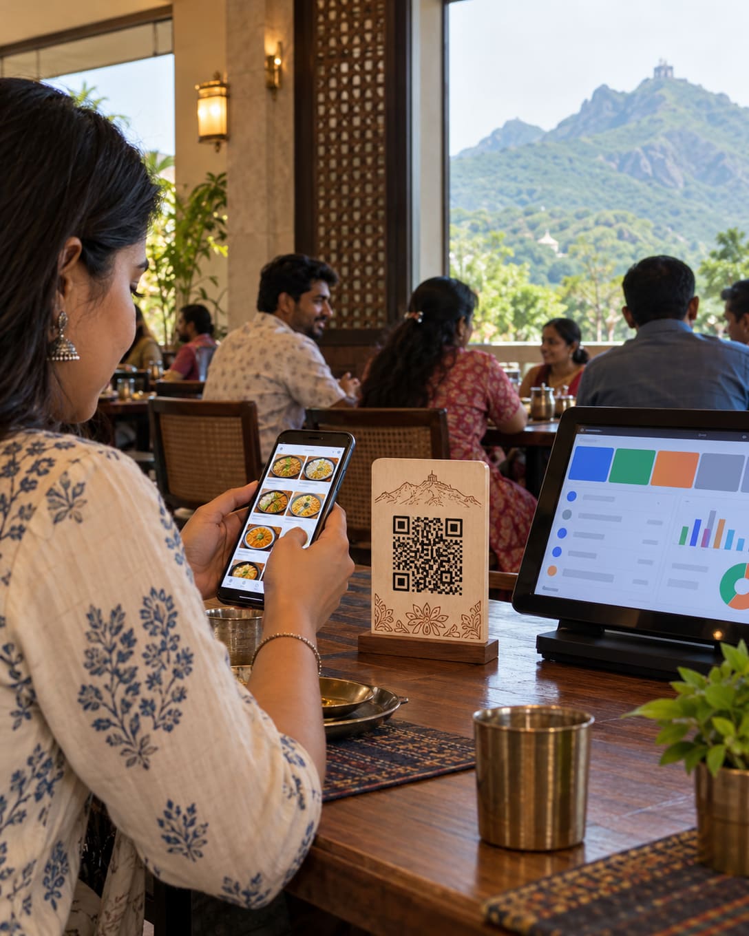 A guest scanning a QR table stand at a restaurant with the Girnar hills outside