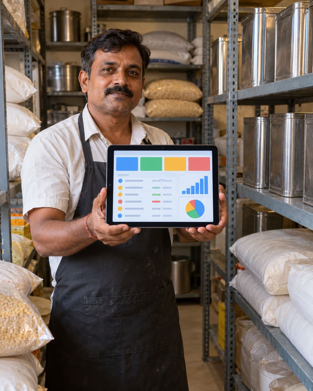 A storeroom worker counting oil and flour stock on a POS tablet