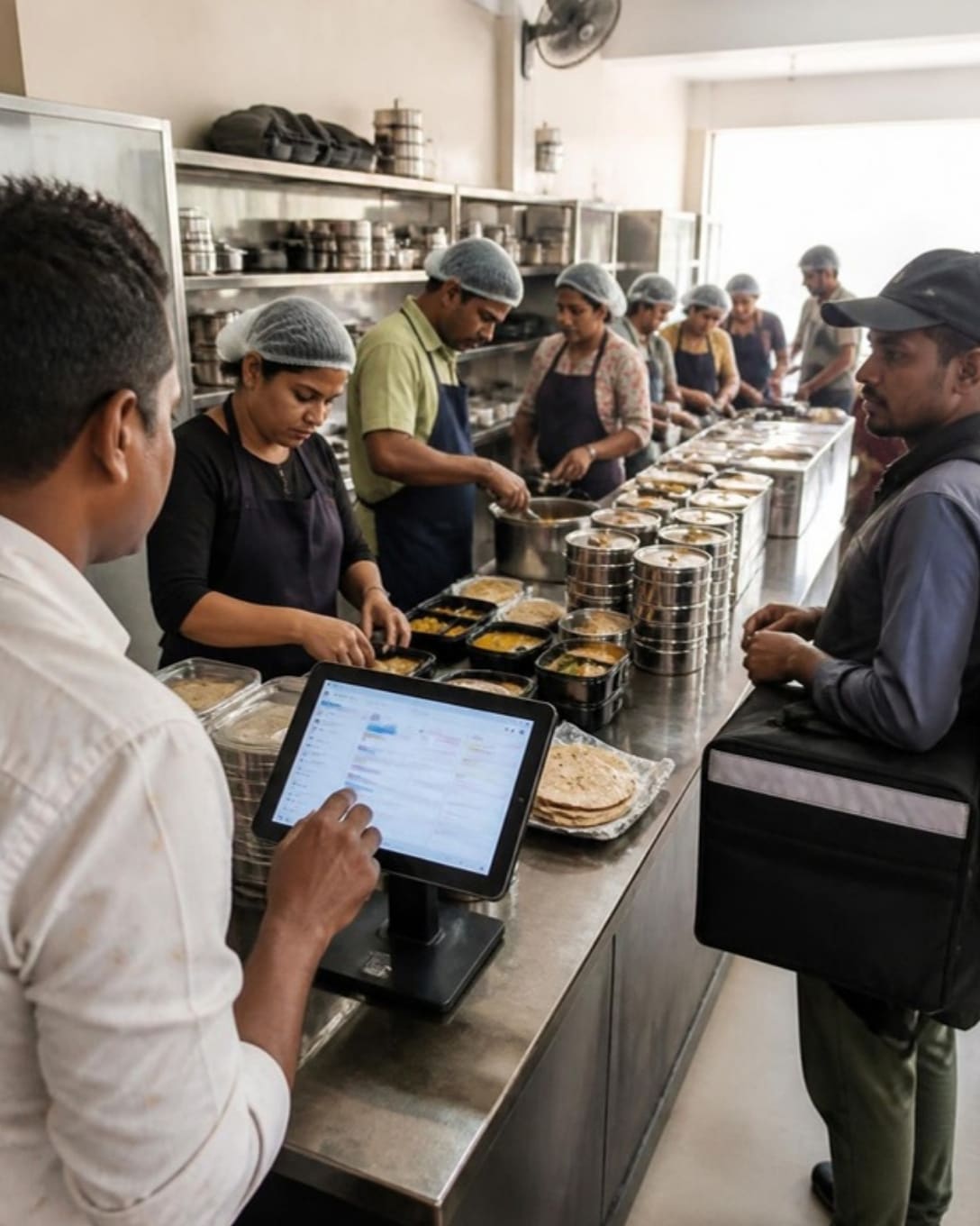 A lunch home manager checking tiffin orders on a tablet POS while staff pack meal boxes for a waiting rider