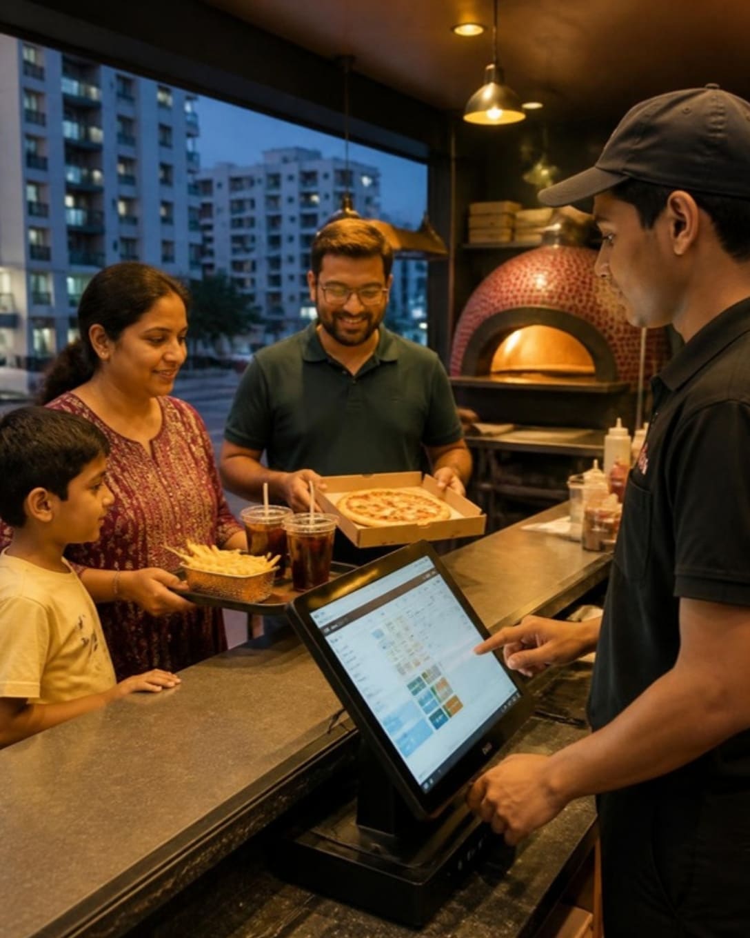 A staff member billing a pizza and meal combo on a touchscreen POS as a family collects their order
