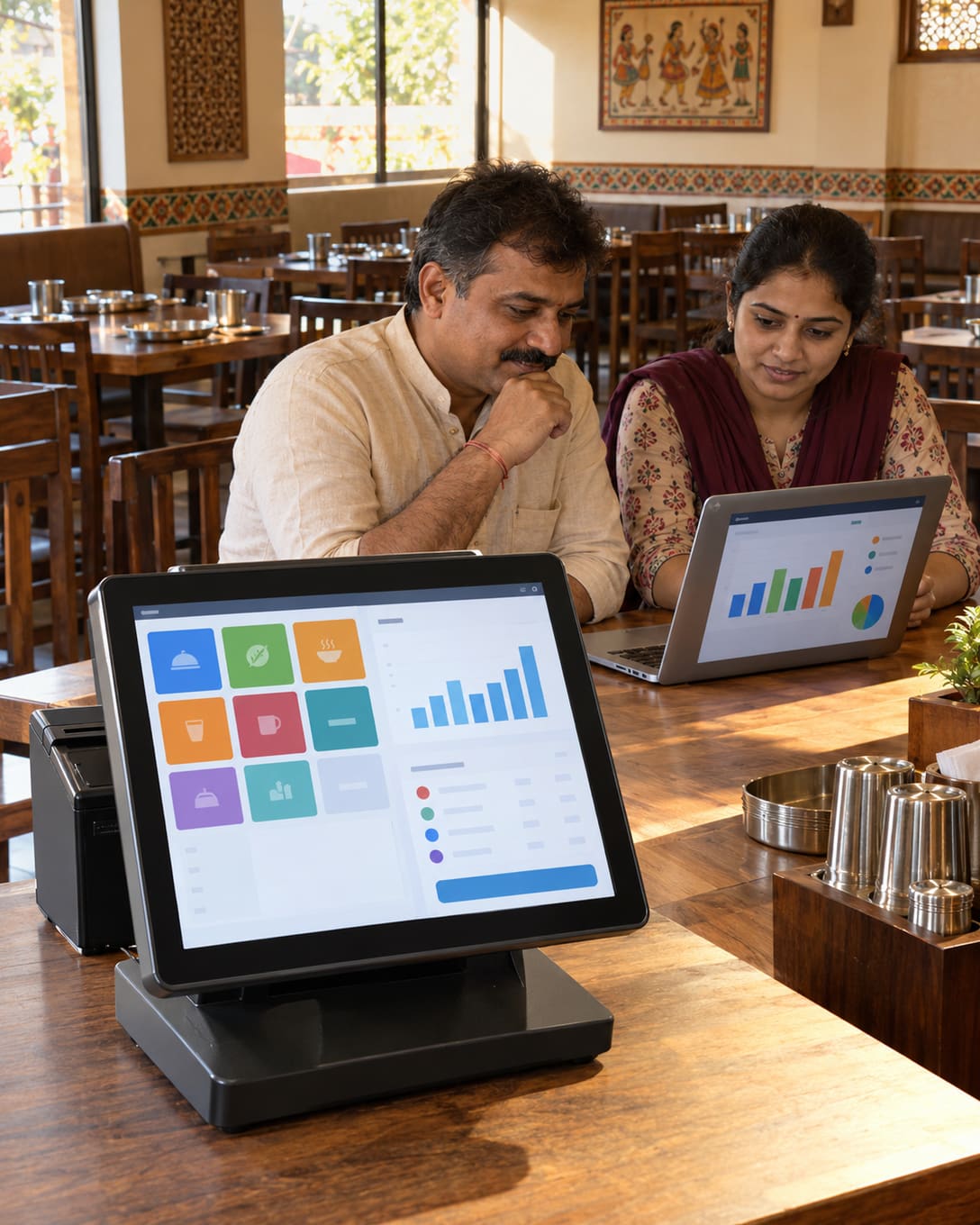 A restaurant owner and manager reviewing the day’s sales dashboard on a laptop