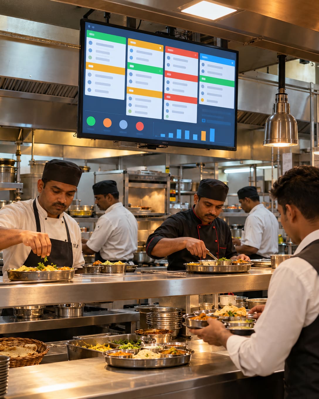 A kitchen display screen showing orders above a busy highway restaurant pass