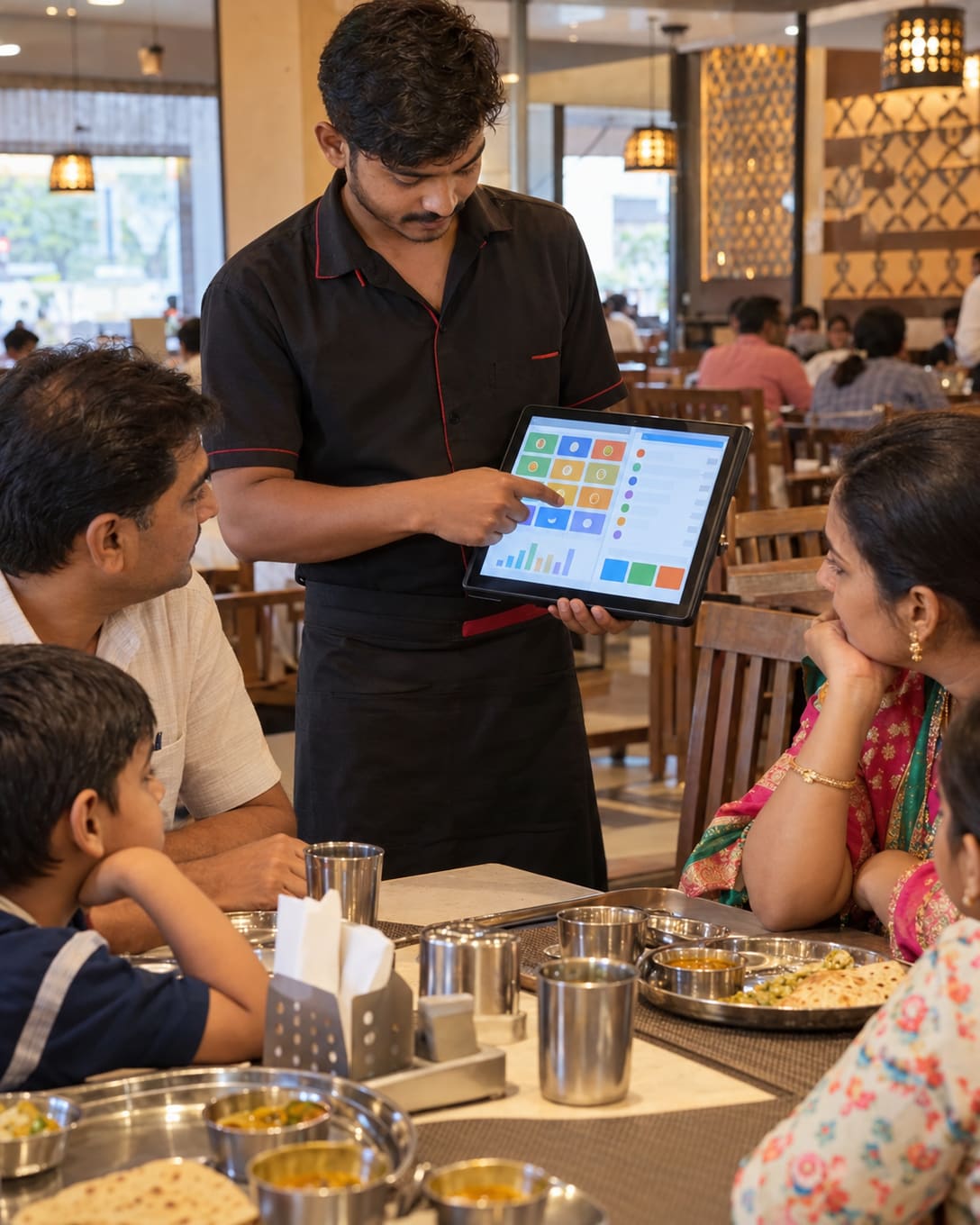 A waiter taking an order on a POS tablet at a family restaurant