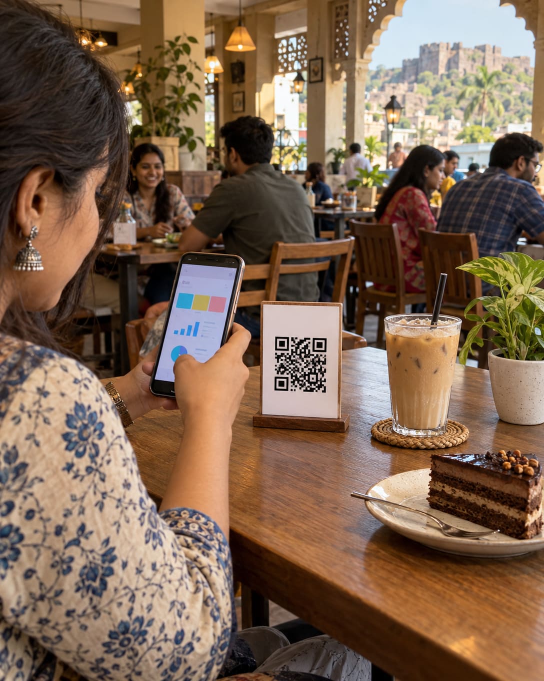 A guest scanning a QR table stand at a café table