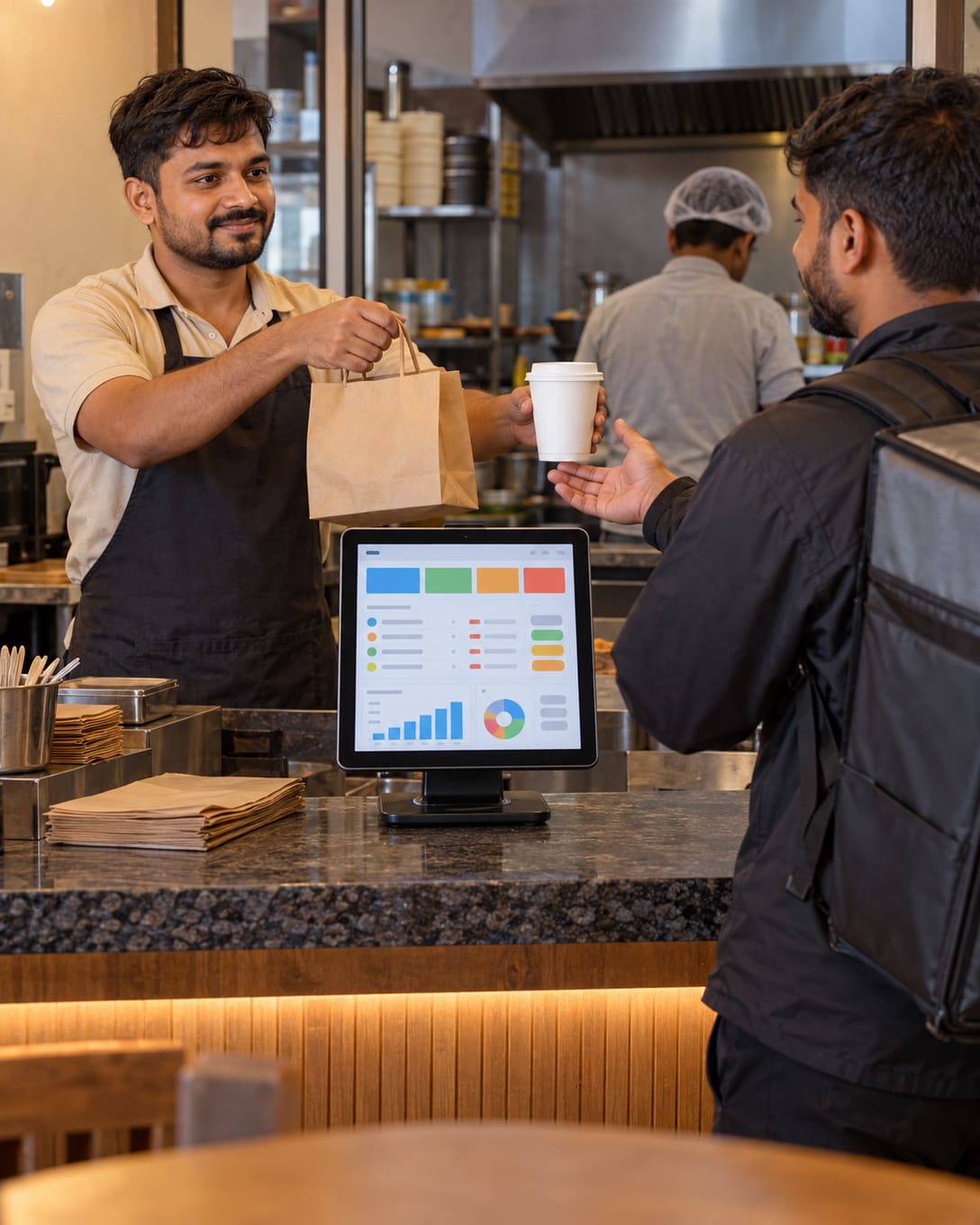 A server handing a takeaway order to a rider beside a POS tablet of online orders