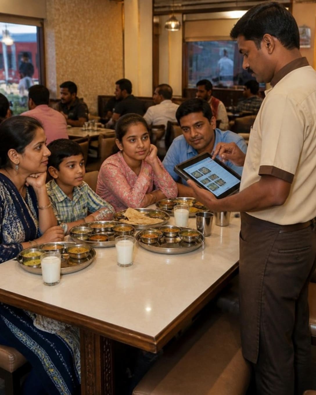 A waiter taking an order on a POS tablet at a family table with Gujarati thalis in a restaurant