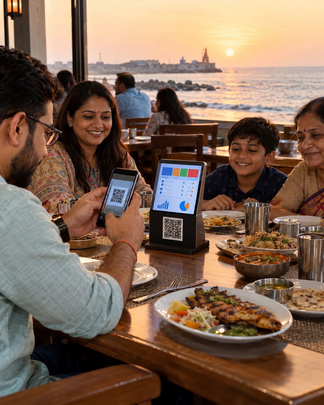 A guest scanning a QR table stand at a seaside restaurant in Porbandar