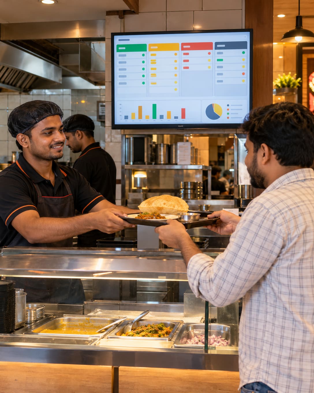 Counter staff serving food with a kitchen display screen behind them