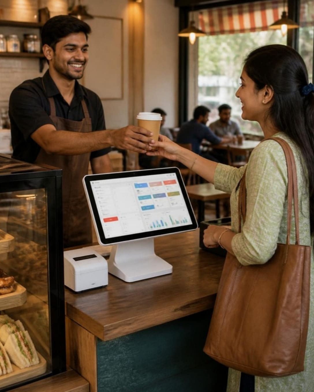A café barista handing a coffee to a customer beside a POS terminal