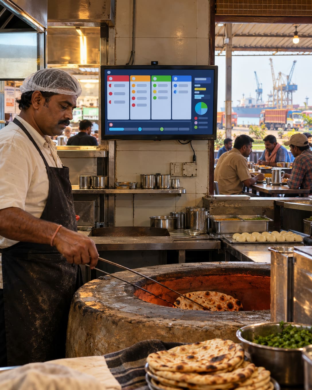 A cook at a tandoor beside a kitchen display screen of orders at a highway restaurant