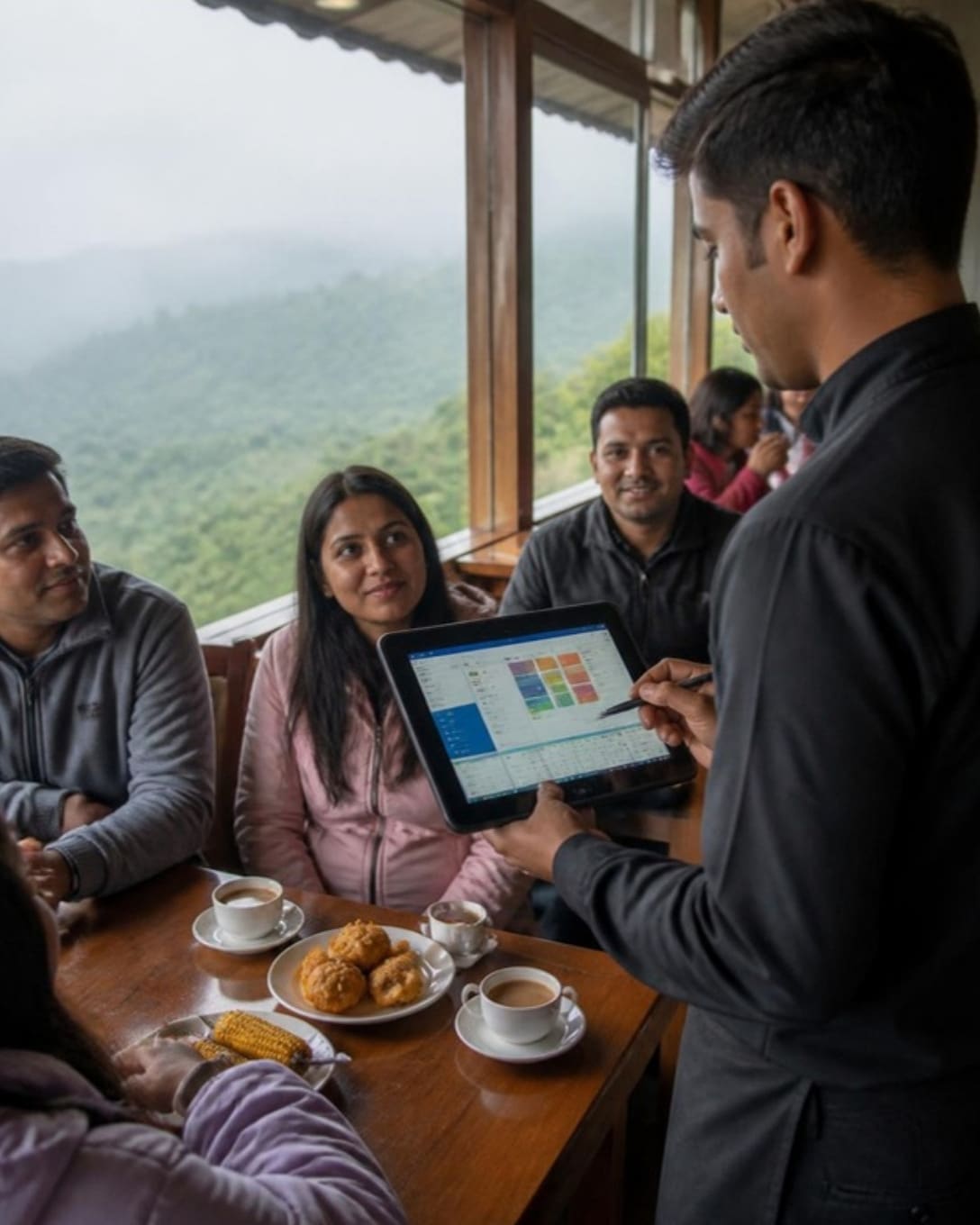 A waiter taking an order on a POS tablet at a hill-station restaurant table