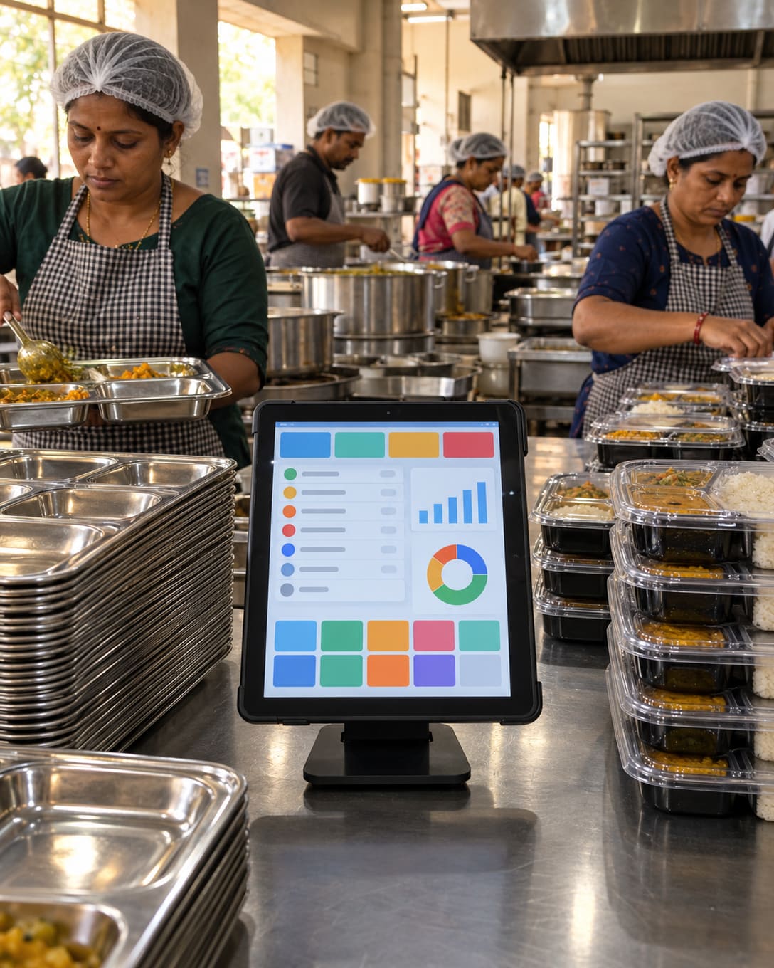 A POS tablet listing meal orders beside packed canteen lunch trays