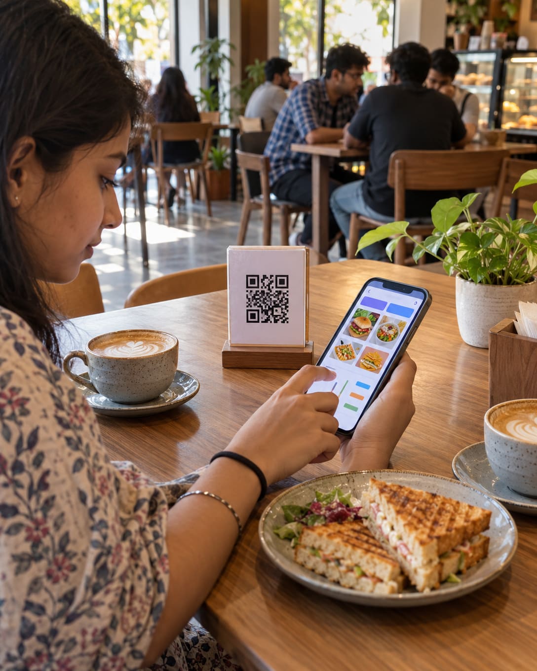 A student scanning a QR table stand with a phone to order at a café
