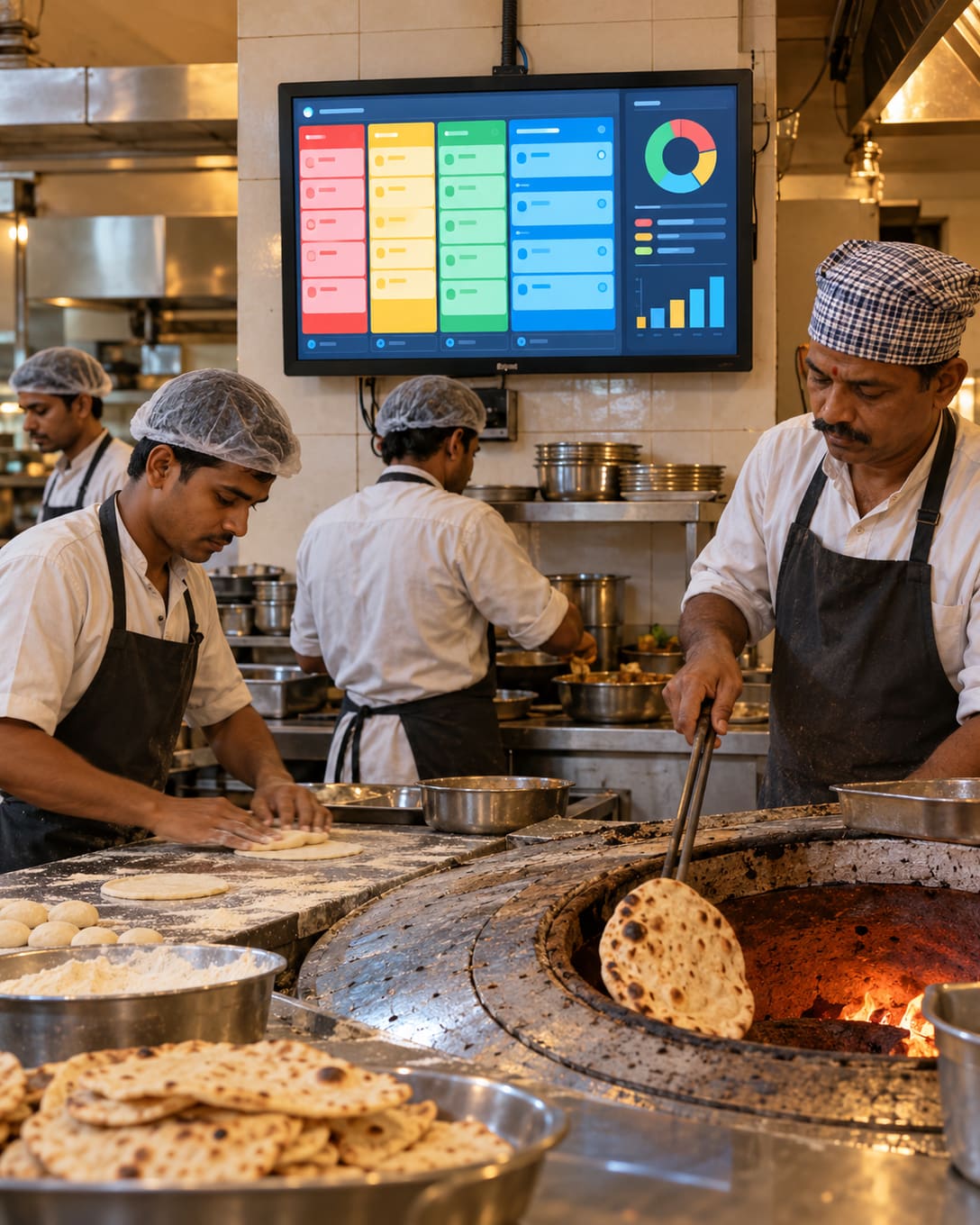 Cooks making rotis under a kitchen display screen showing orders