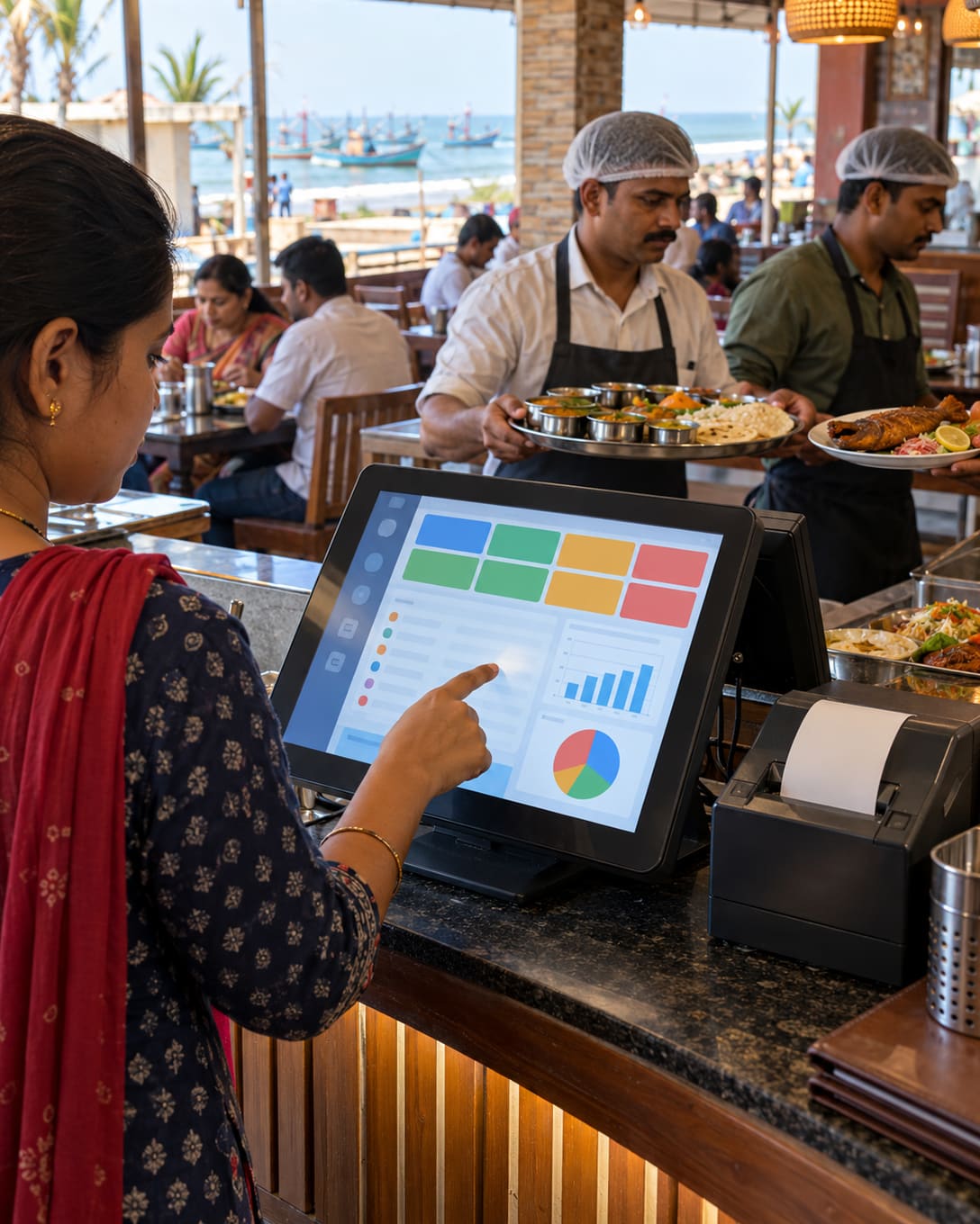 A cashier printing a bill on a touchscreen POS at a coastal town restaurant