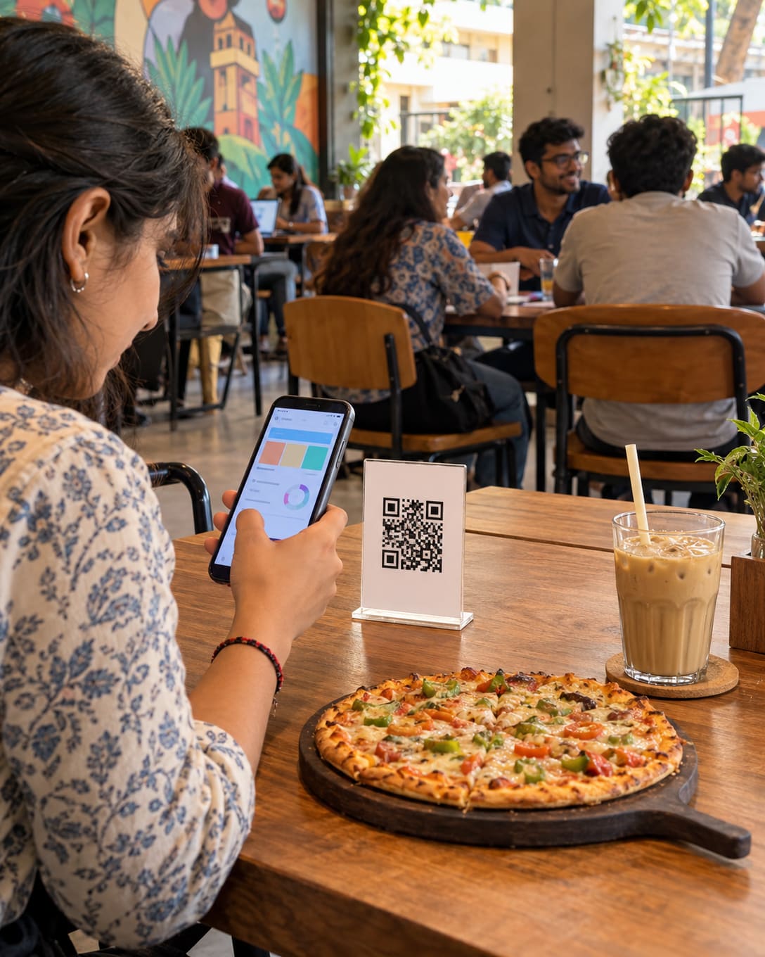 A student scanning a QR table stand to order at a café