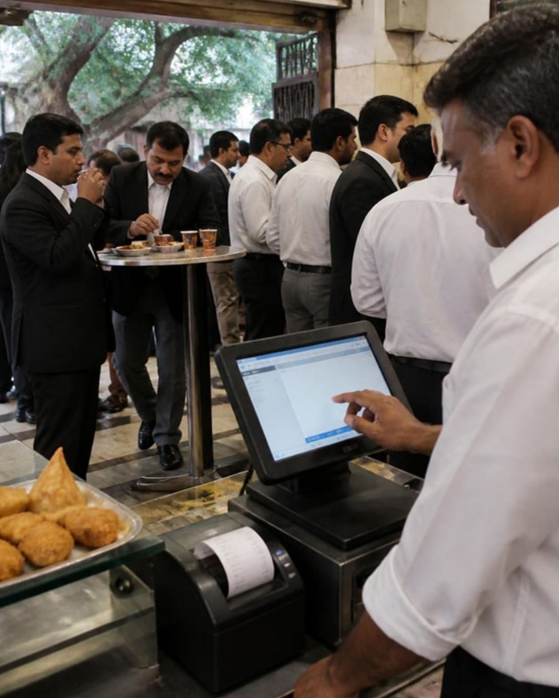 Office staff in formal clothes having tea and samosas at a canteen as the cashier bills on a POS terminal