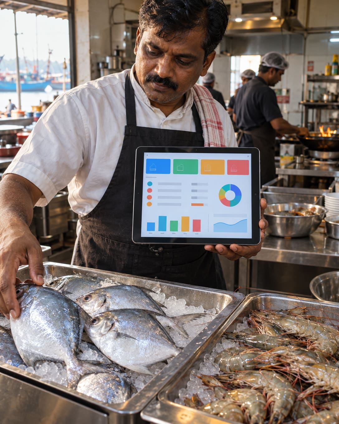 A cook checking fresh fish stock on a POS tablet in a seafood kitchen