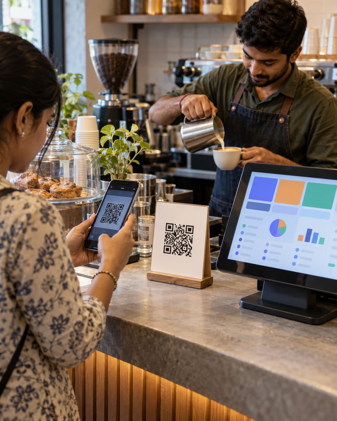 A customer scanning a QR stand to order at a café counter