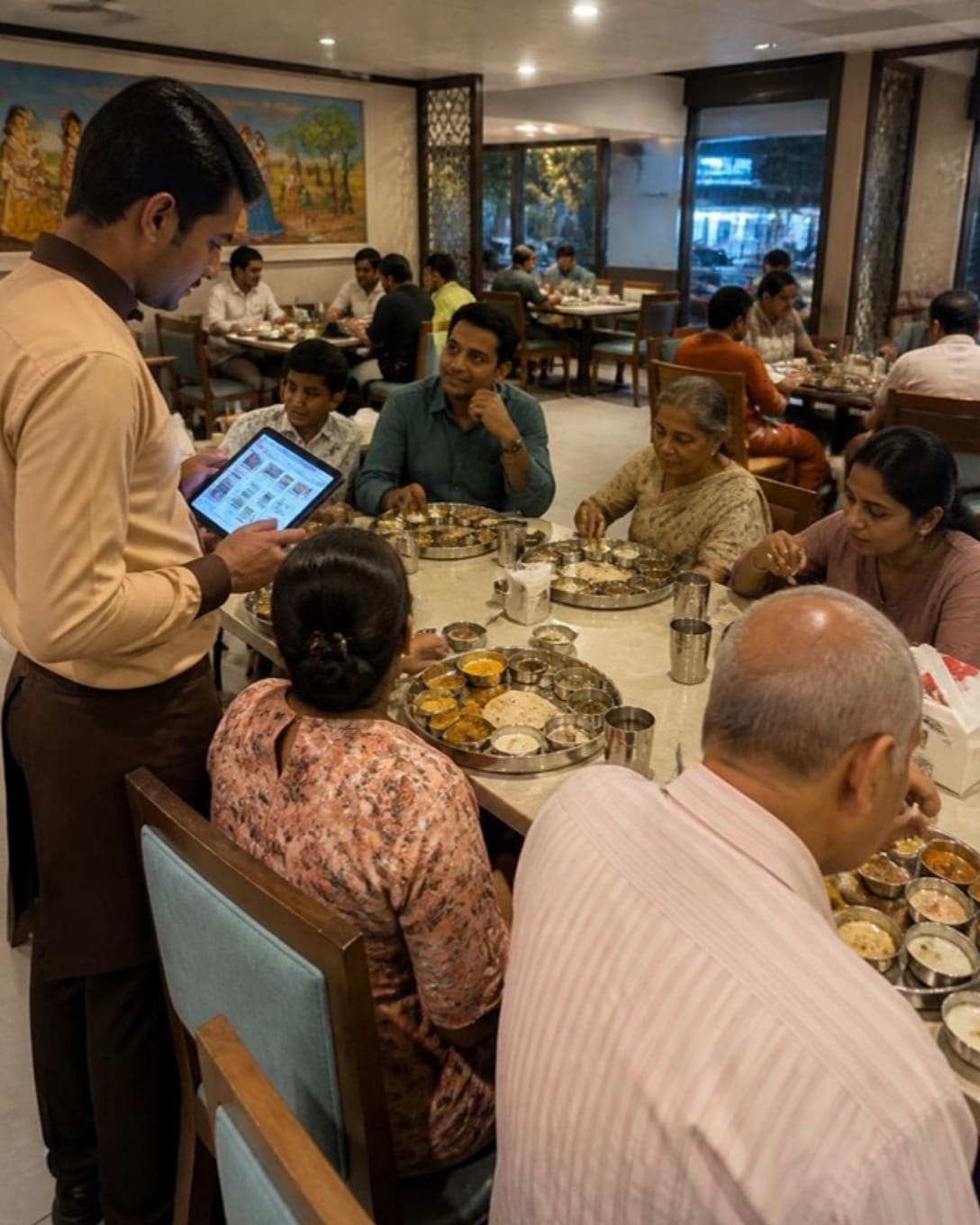 A waiter taking a family’s order on a POS tablet at a thali table in a family restaurant