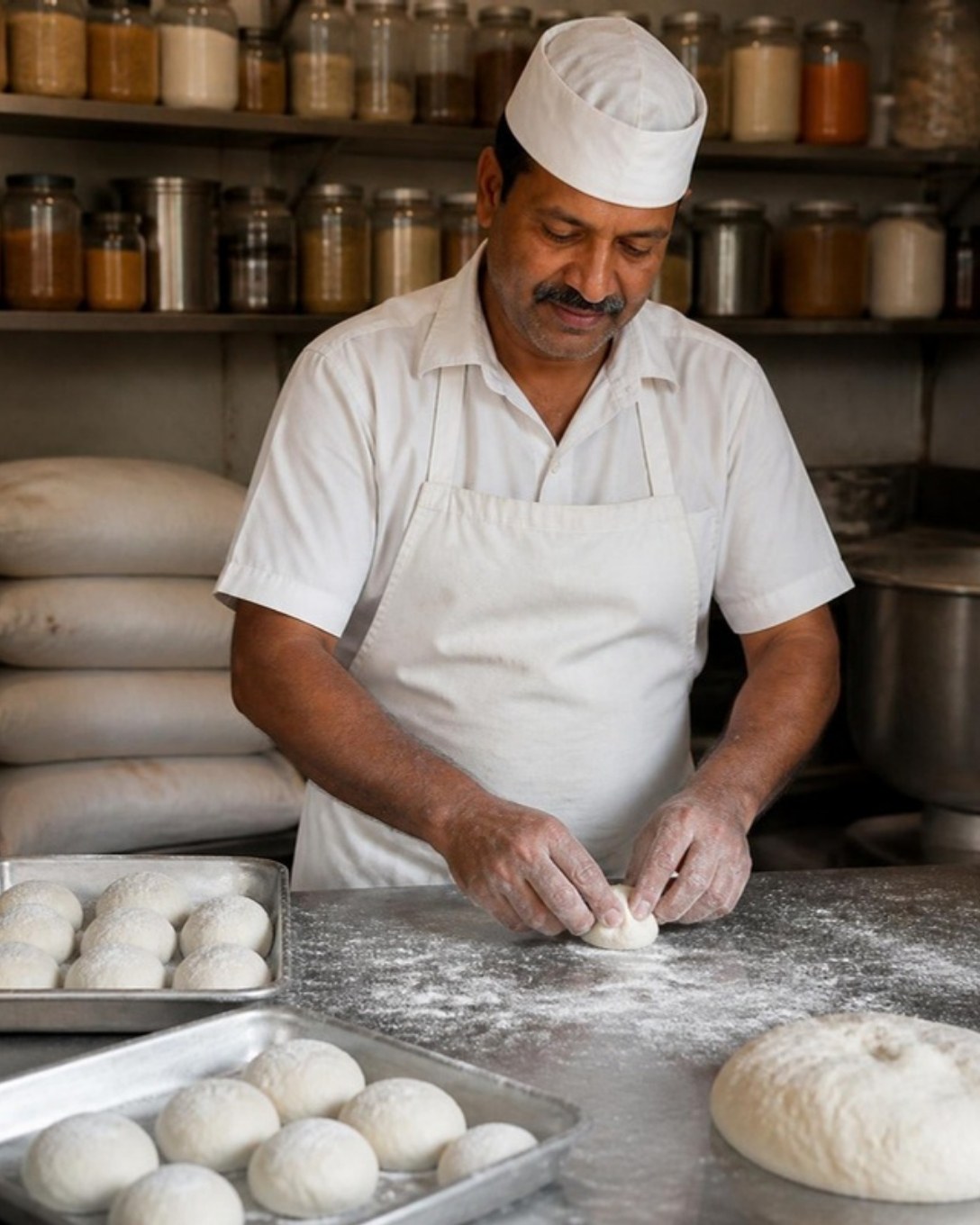 Baker shaping dough on a floured counter