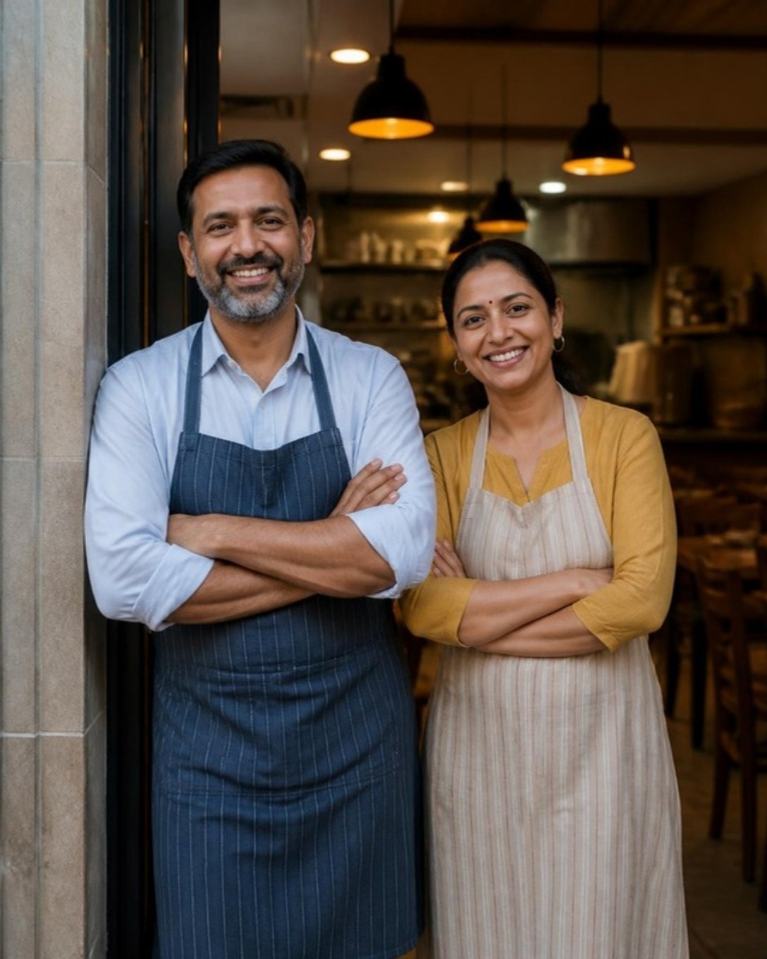 Two restaurant owners standing at the entrance of their outlet