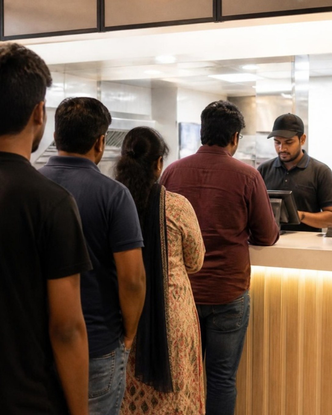 Customers queueing at a quick-service counter during a rush